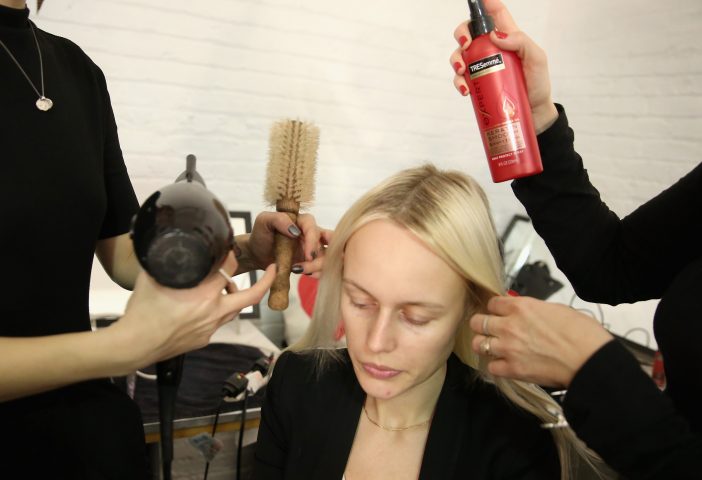 NEW YORK, NY - FEBRUARY 13:  Models pose backstage with TRESemme At Alice + Olivia NYFW AW18 at Industria Studios on February 13, 2018 in New York City.  (Photo by Monica Schipper/Getty Images for TRESemme)