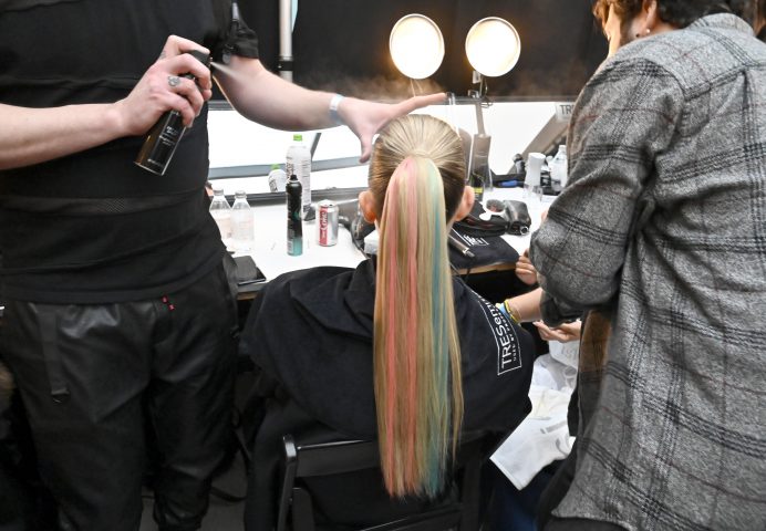 NEW YORK, NEW YORK - FEBRUARY 06: A model prepares backstage at TRESemme x Christian Siriano show during NYFW on February 06, 2020 in New York City. (Photo by Astrid Stawiarz/Getty Images for TRESemme)